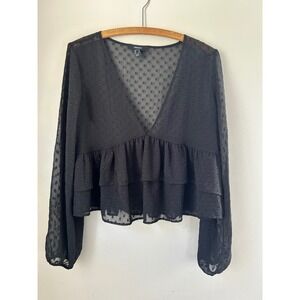 Forever 21‎ Black Swiss Dot Sheer  Ruffle Babydoll Size L Whimsigoth Romantic